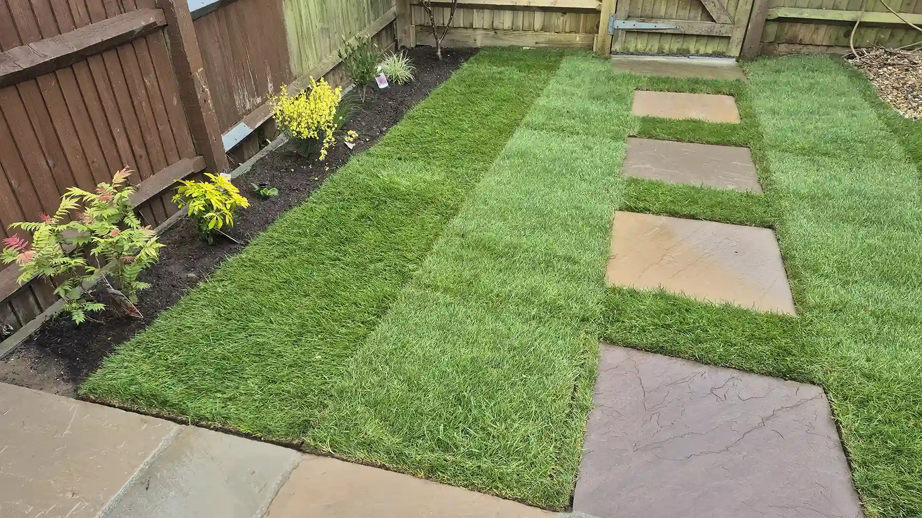 Newly laid lawn with stepping stone pathway and planted area.