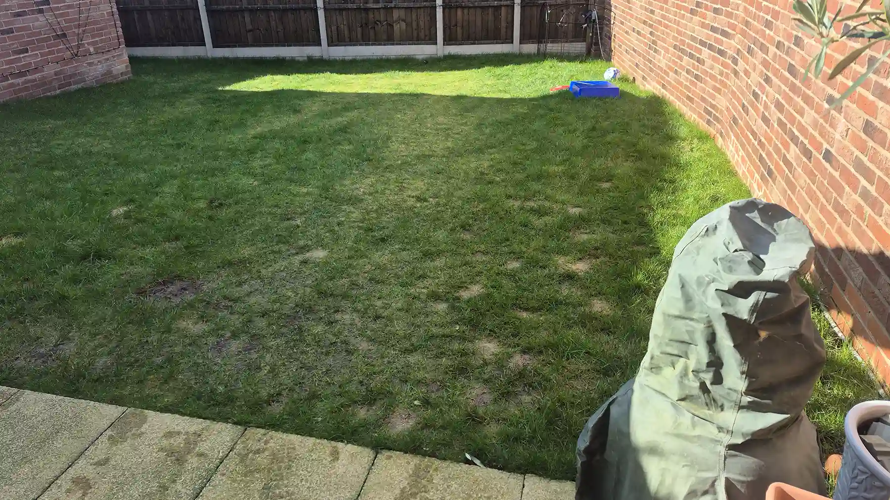 Uneven grass lawn in a sloping back garden prior to renovation, enclosed by a red brick boundary wall and timber privacy fencing.